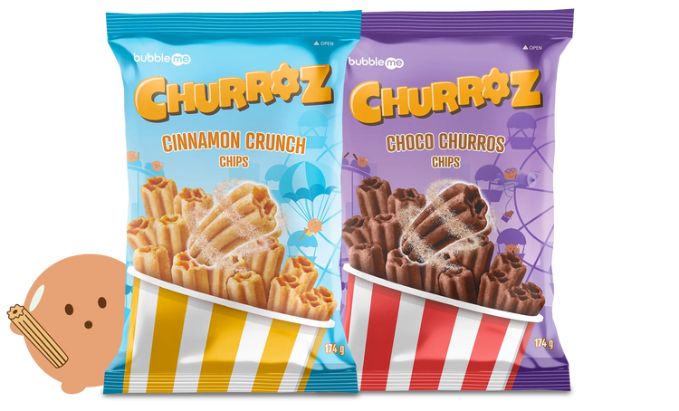 bubbleme Churroz Chips, ultra crunchy, cinnamon and chocolate snacks