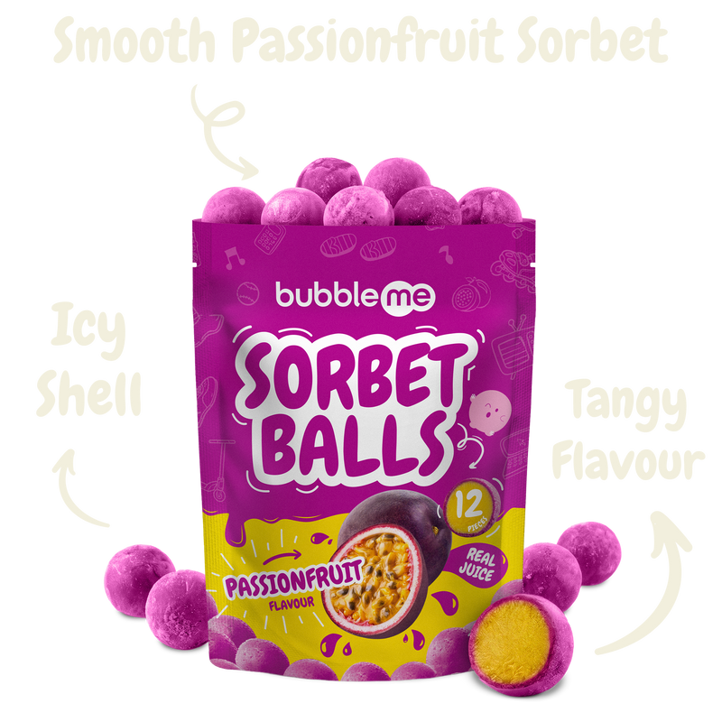 bubbleme Passionfruit Sorbet Balls frozen snack pouch